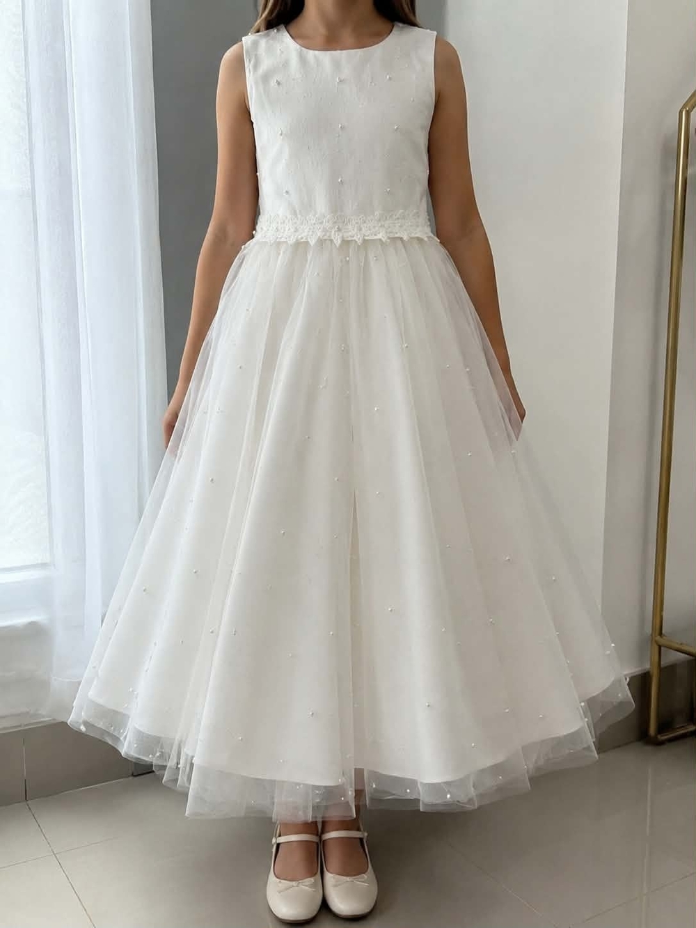 Ivory Pearl-Embellished Tulle Formal Dress for Girls